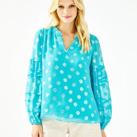 Lilly Pulitzer Giana Silk Top In Bermuda Blue Seagrass Metallic Clip XS - Picture 1 of 14